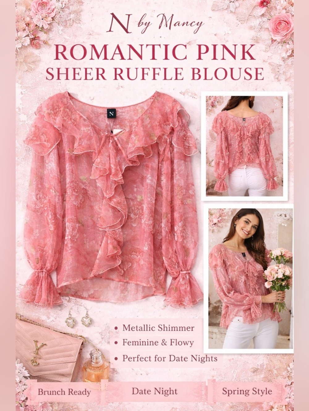 N by Nancy Sheer Pink Metallic Ruffle Blouse Floral Print Size Small Top NWT